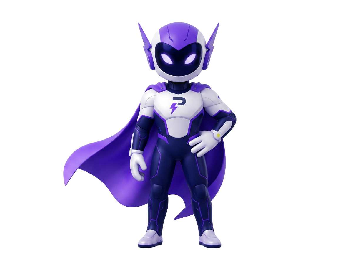 Hero, the PayHero AI agent: white helmet with dark AI visor, violet lightning ear modules and a violet cape